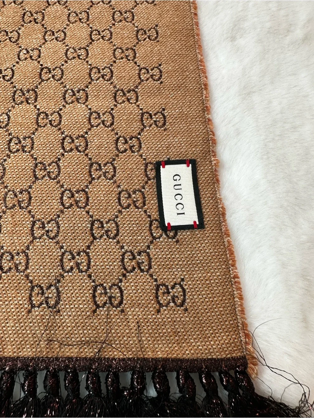 Gucci Brown & Tan GG Logo Scarf with brown Fringe